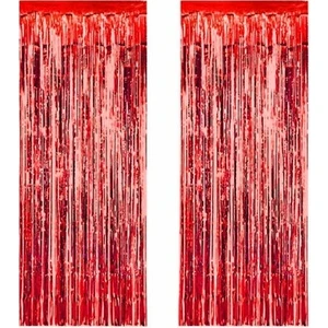 Kırmızı Renk Metalize Dekor Püsküllü Fon Kapı Perdesi 90 cm × 200 cm