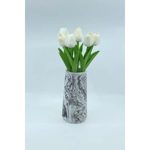 The Bouqet 20 cm Mermer Desenli Beton Vazoda Yapay Islak Lale 7 Dal Beyaz