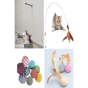 4 Lü Set 1 Adet İp Sarma Top 1 Adet Vantuzlu Kedi Oltası 1 Adet Tüylü Top 1 Adet 90 CM OLTA
