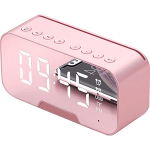 F Fityle Bluetooth 5.0 Hoparlör Fm Radyo Aynası LED Çalar Saat USB Şarj Cihazı Ev Pembe (Yurt Dışından)