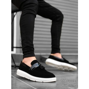 ER0005 Bağcıksız Yüksek Taban Siyah Beyaz Taban Kemerli Klasik Püsküllü Corcik Erkek Ayakkabı