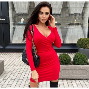 Giysi Hepsi Esnek Krep Kumaş Göğüs Dekolteli Kruvaze Yaka Uzun Kollu Kırmızı Kısa Elbise