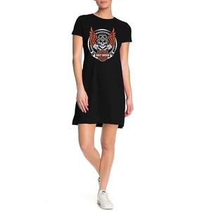 Rock & Motorcu Kurukafa Siyah Kısa Kollu Kollu Penye T-Shirt Kadın Elbise