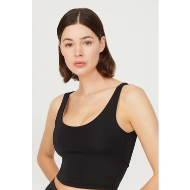 Los Ojos Siyah Hafif Destekli Sırt Detaylı Kaplı Crop Top Spor