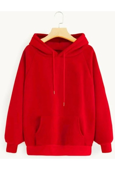 Nacar Çarşı Kapüşonlu Cepli Iki Iplik Kırmızı Basic Sweatshirt