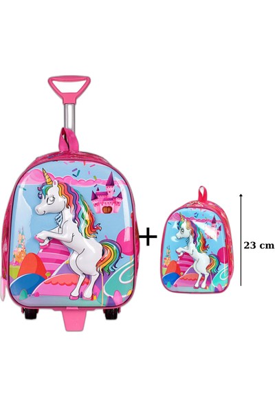 Roxy Unicorn Anaokulu Çanta Seti Çekçekli Çanta - Mini Sırt Çantası Pembe