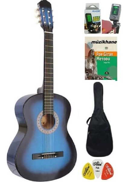 4/4 Tamboy Klasik Gİtar Seti (Gitar-Akort Cihazı-Metot-Kılıf-Pena) Mavi