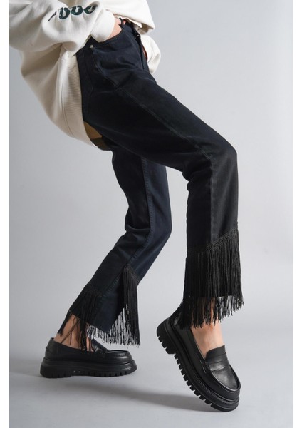 Hakiki Deri Siyah Kadın Günlük Kalın Taban Deri Loafer Ayakkabı Trc-216675 fiyatları