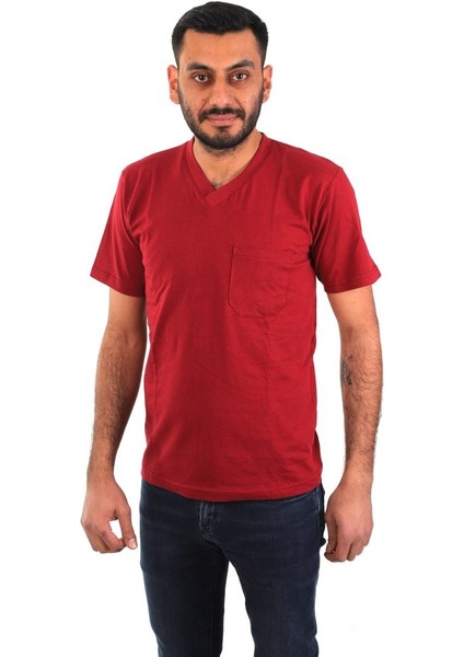 Eser - V Yaka Kısa Kol Penye Iş Tişörtü - Cepli - Bordo