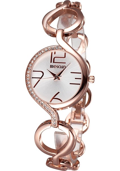 Kadınlar Moda Hollow Zincir Bilezik Kristal Kakma Dial Kuvars Bilek Elbise Izle (Gül Altın + Beyaz) (Yurt Dışından)