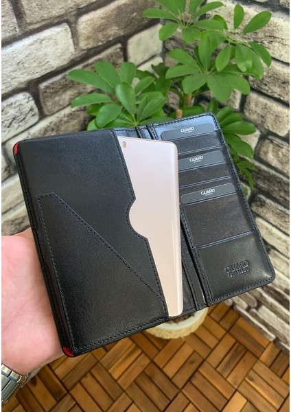 Plus Telefon Girişli Siyah Texas Baskı Deri Unisex Cüzdan