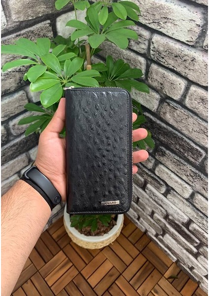 Siyah Deve Kuşu Baskı Fermuarlı Portföy Cüzdan