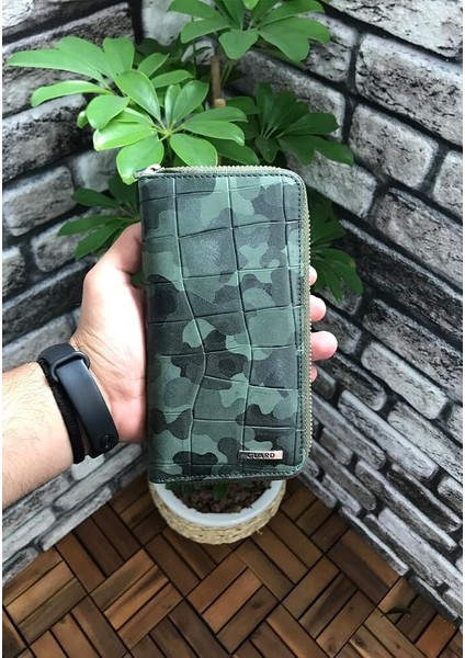 Siyah/yeşil Kamuflaj Baskılı Deri Fermuarlı Cüzdan