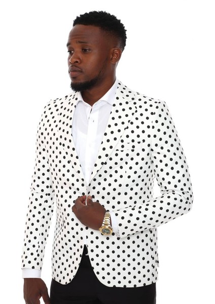 Geniş Mono Yaka Puantiye Desenli Slimfit Beyaz Tek Düğme Ceket modelleri