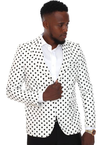 Geniş Mono Yaka Puantiye Desenli Slimfit Beyaz Tek Düğme Ceket fiyatları