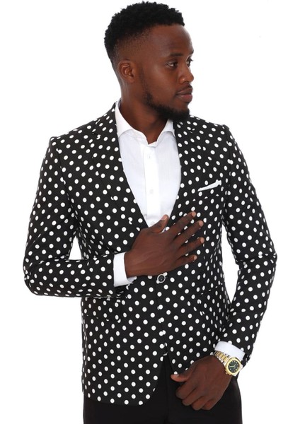 Geniş Mono Yaka Puantiye Desenli Slimfit Siyah Tek Düğme Ceket modelleri