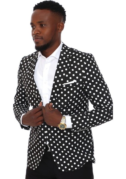 Geniş Mono Yaka Puantiye Desenli Slimfit Siyah Tek Düğme Ceket fiyatları