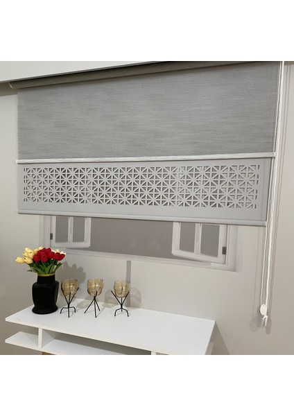 LZR1045 Çift Mekanizmalı Lazer Kesim Tül ve Stor Perde Gri 80 x 200 cm.