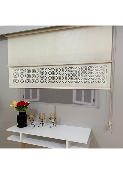 LZR1045 Çift Mekanizmalı Lazer Kesim Tül ve Stor Perde Krem 90 x 200 cm.