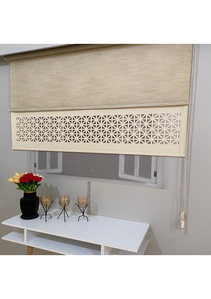 LZR1045 Çift Mekanizmalı Lazer Kesim Tül ve Stor Perde Sütlü Kahverengi 110 x 200 cm.