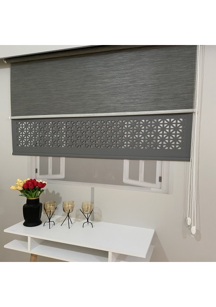 LZR1045 Çift Mekanizmalı Lazer Kesim Tül ve Stor Perde Antrasit 180 x 200 Cm.