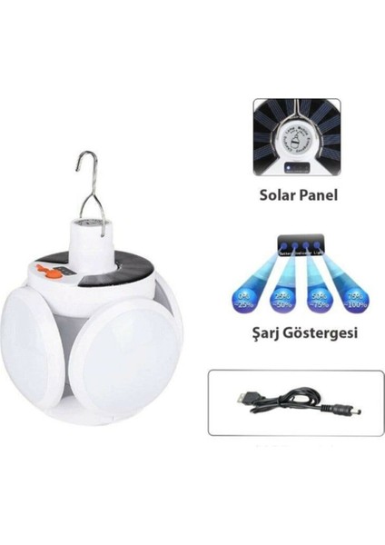 Solar Güneş Enerji ve USB Sarjlı 5 Kanatlı Bahçe Aydınlatma LED Askılı Pratik Kamp Lamba