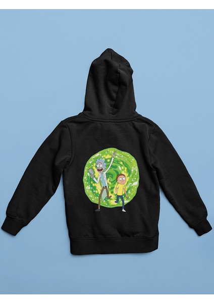 Unisex Siyah Rick And Morty Baskılı Sweatshirt Hoodie