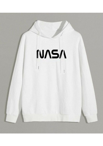 Beyaz Nasa Baskılı Kapüşonlu Sweatshirt Hoodie