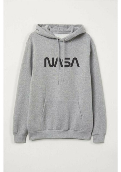 Gri Nasa Baskılı Kapüşonlu Sweatshirt Hoodie