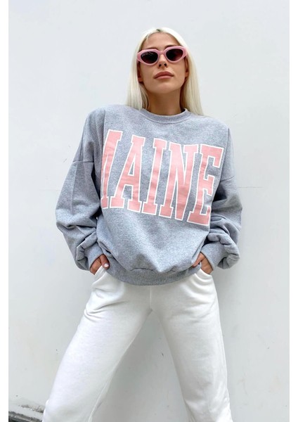 Gri Maine Baskılı Içi Pamuklu Kadın Sweatshirt