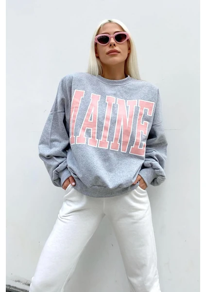 NO 601 Gri Maine Baskılı Içi Pamuklu Kadın Sweatshirt