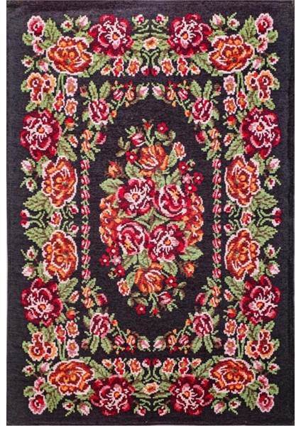 Almina Flowers Kilim Halı Desenli Siyah