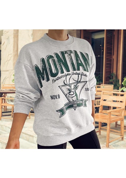 Montana Dijital Baskılı Yuvarlak Yaka Yei Trend Kadın Pamuk Dokuma Spor Sweatshirt