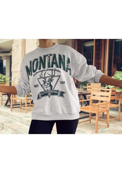 Montana Dijital Baskılı Yuvarlak Yaka Yei Trend Kadın Pamuk Dokuma Spor Sweatshirt