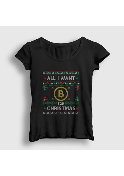 Kadın Siyah Bitcoin For Christmas Yılbaşı T-Shirt