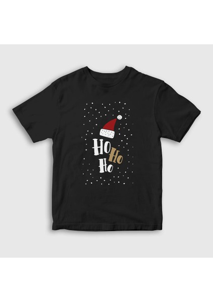 Unisex Çocuk Siyah Ho Ho Ho Noel Baba Santa Claus Yılbaşı T-Shirt