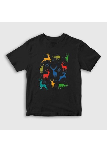 Unisex Çocuk Siyah Deers Geyikler Yılbaşı T-Shirt