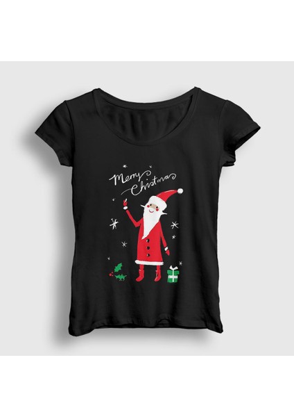 Kadın Siyah Noel Baba V2 Santa Claus Yılbaşı T-Shirt