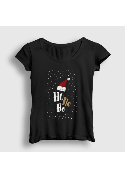 Kadın Siyah Ho Ho Ho Noel Baba Santa Claus Yılbaşı T-Shirt