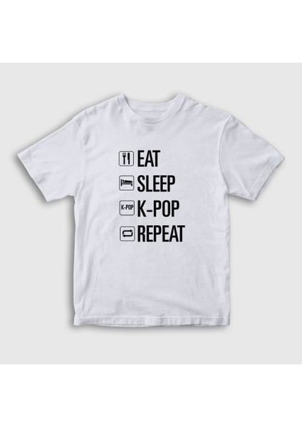 Unisex Çocuk Beyaz Eat Sleep Repeat K-Pop T-Shirt