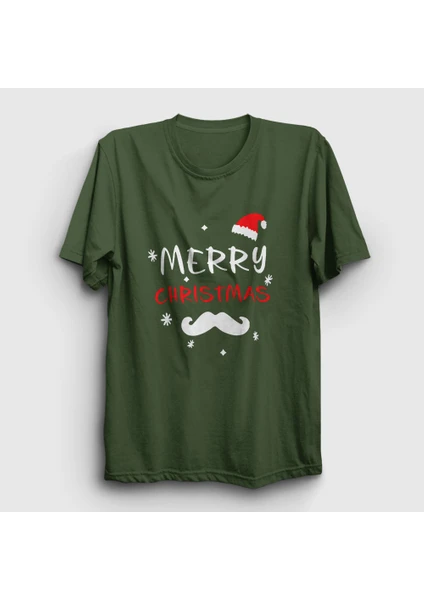 Unisex Haki Mustache Merry Christmas Yılbaşı T-Shirt