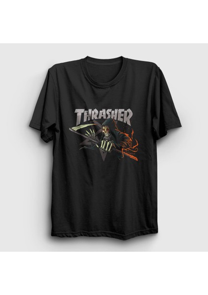 Unisex Siyah Grim Reaper Thrasher T-Shirt