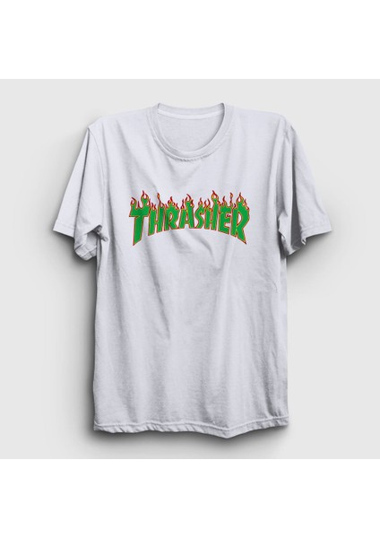 Unisex Beyaz Logo V4 Thrasher T-Shirt