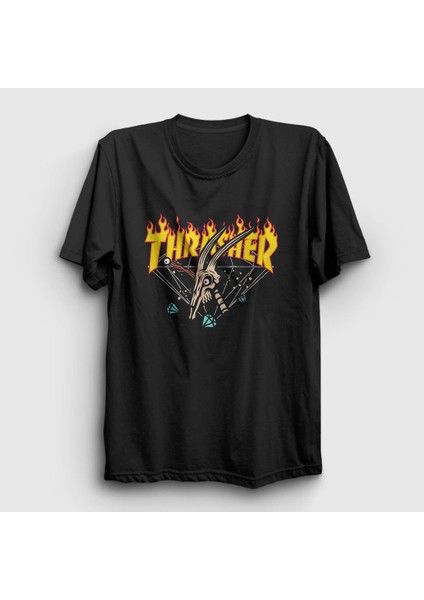 Unisex Siyah Skull Thrasher T-Shirt