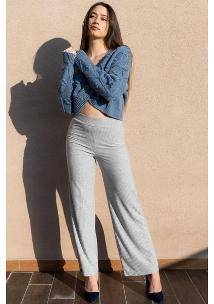Kadın Gri Fitilli Wide Leg Örme Pantolon