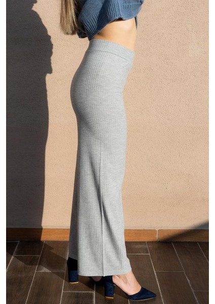 Kadın Gri Fitilli Wide Leg Örme Pantolon modelleri
