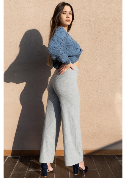 Kadın Gri Fitilli Wide Leg Örme Pantolon fırsatları