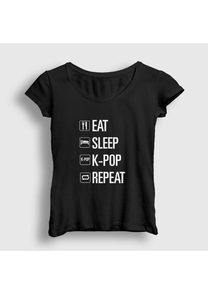 Kadın Siyah Eat Sleep Repeat K-Pop T-Shirt