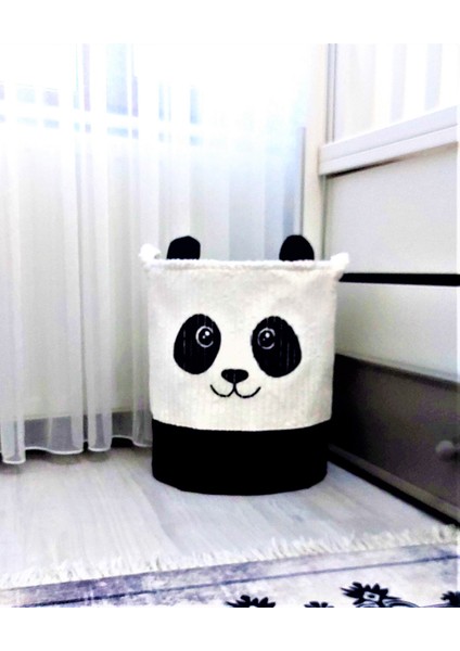 %100 Pamuk Kadife Panda Baskılı Beyaz Silindir Sepet 37x40 cm modelleri