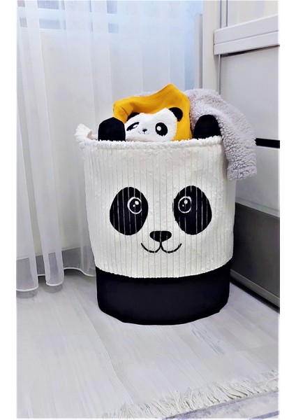 %100 Pamuk Kadife Panda Baskılı Beyaz Silindir Sepet 37x40 cm fırsatları